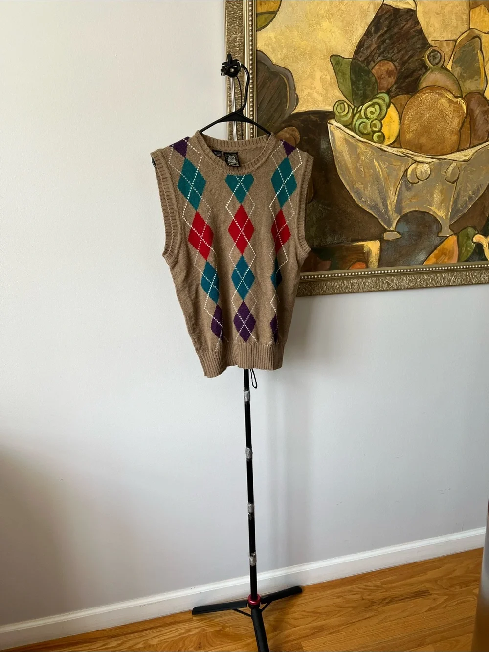 Kennington California Men Argyle Knit Sweater Vest Tan Brown Multi Color Medium